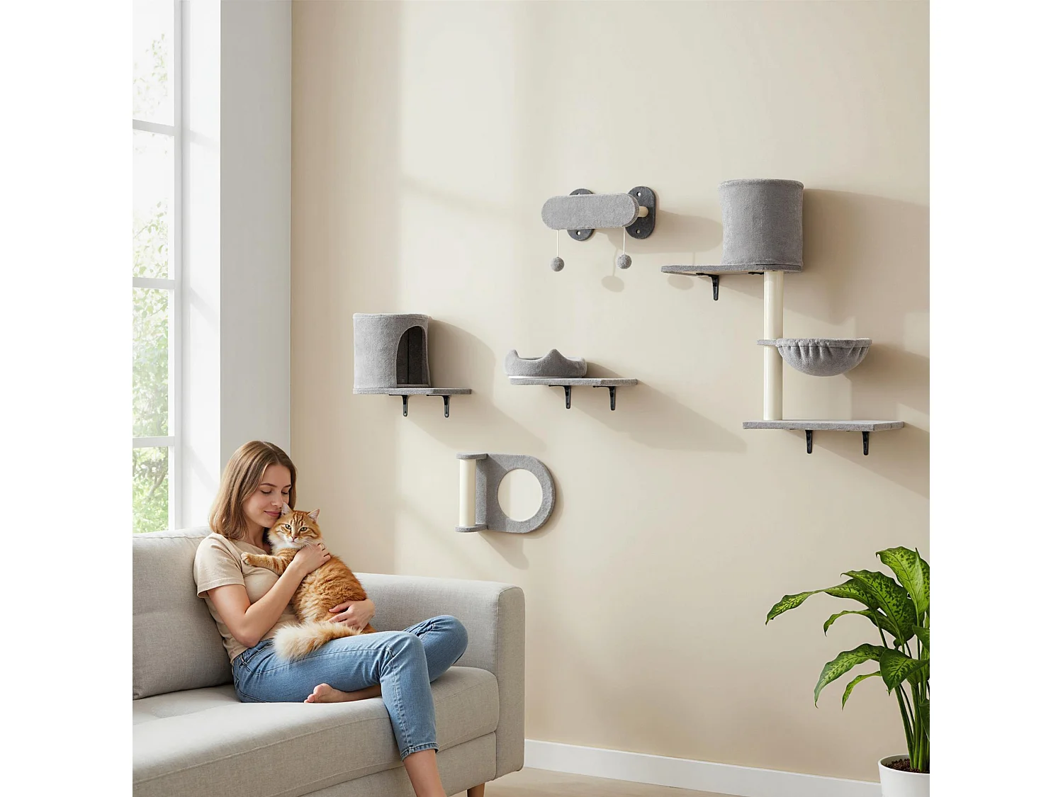 Arbre à chat design mural - parcours mural en bois pour chat 5 pièces variées - crème gris