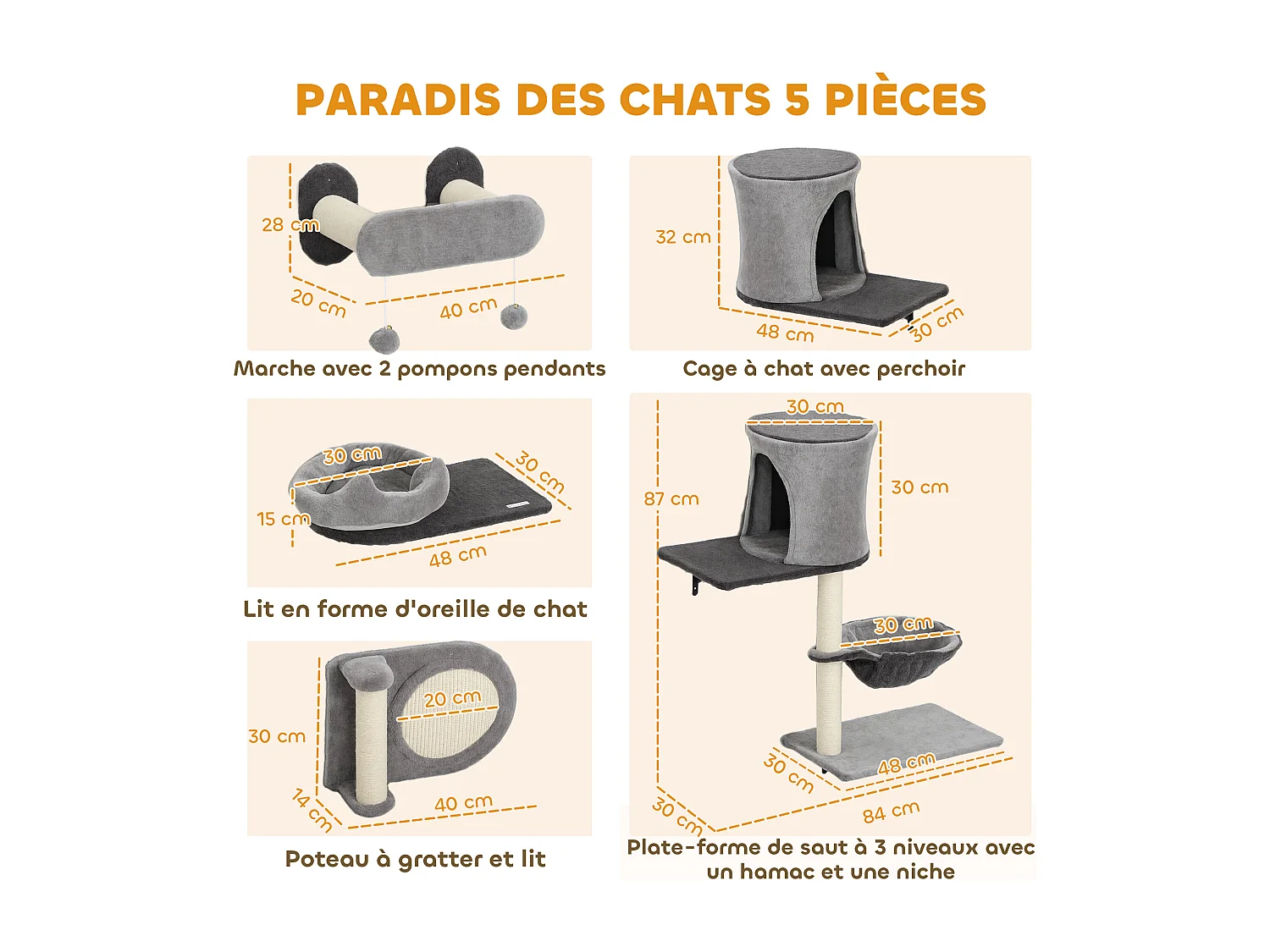 Arbre à chat design mural - parcours mural en bois pour chat 5 pièces variées - crème gris