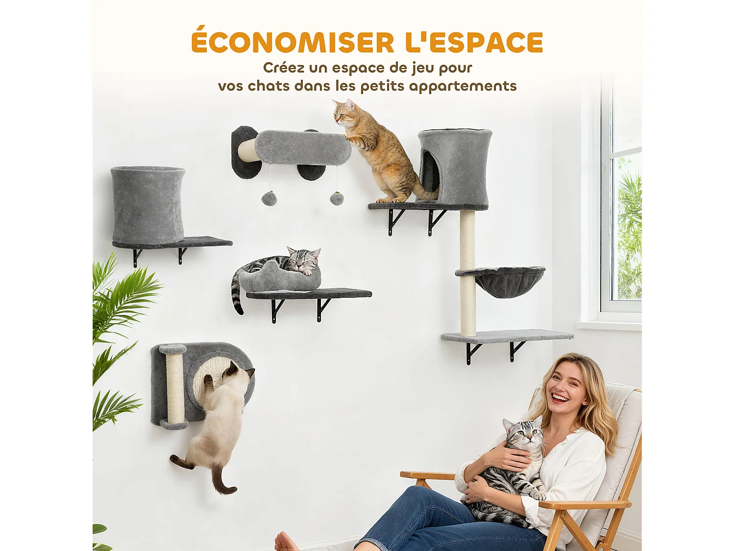 Arbre à chat design mural - parcours mural en bois pour chat 5 pièces variées - crème gris