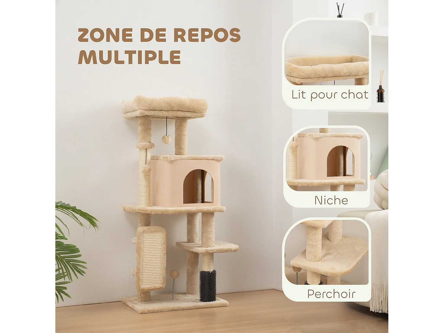 Arbre à chat design beige H.132cm bande massante griffoirs grattoirs nombreux jouets