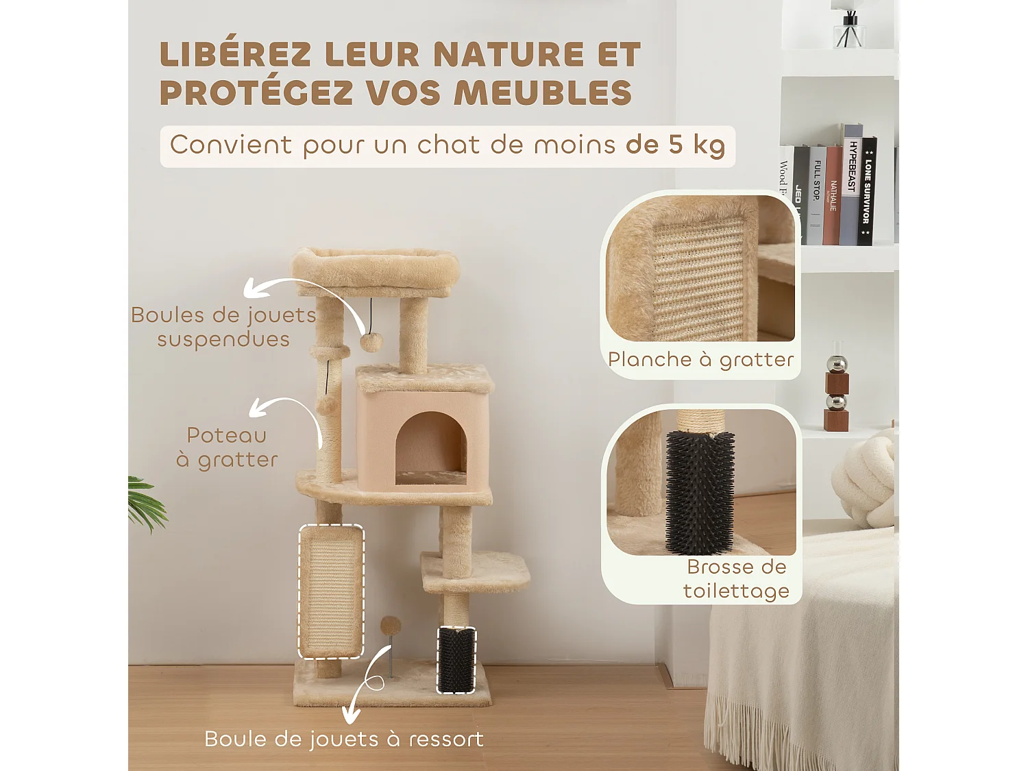 Arbre à chat design beige H.132cm bande massante griffoirs grattoirs nombreux jouets