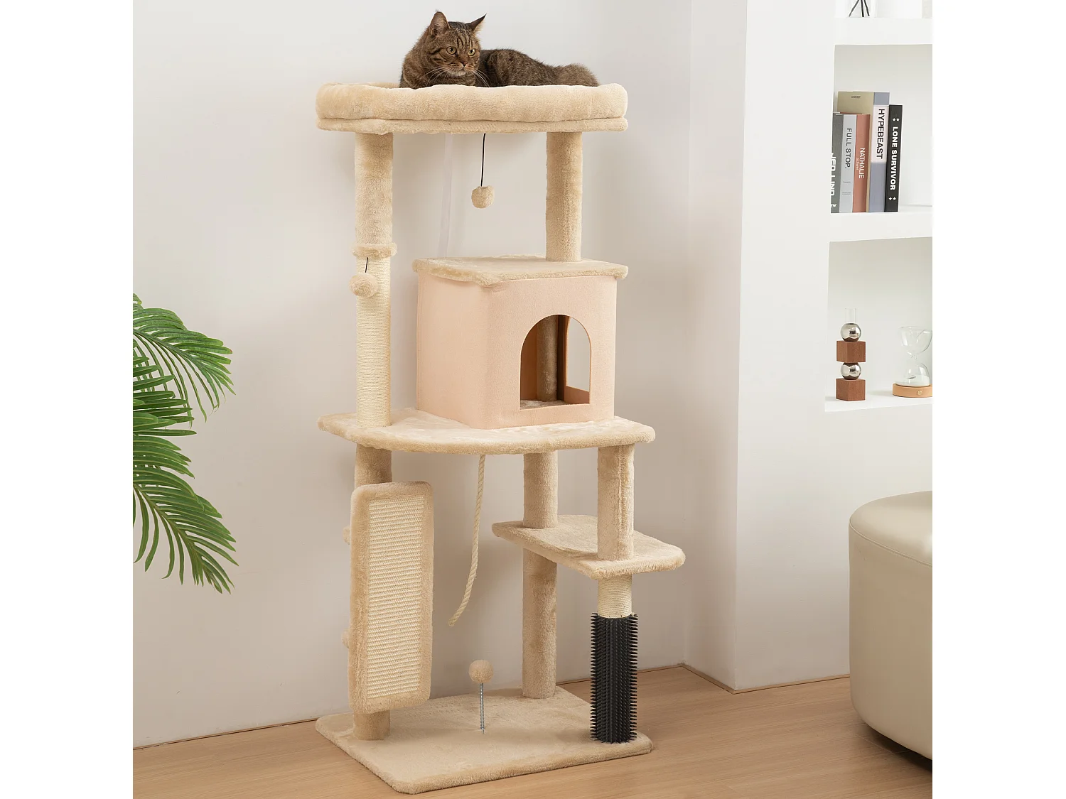 Arbre à chat design beige H.132cm bande massante griffoirs grattoirs nombreux jouets