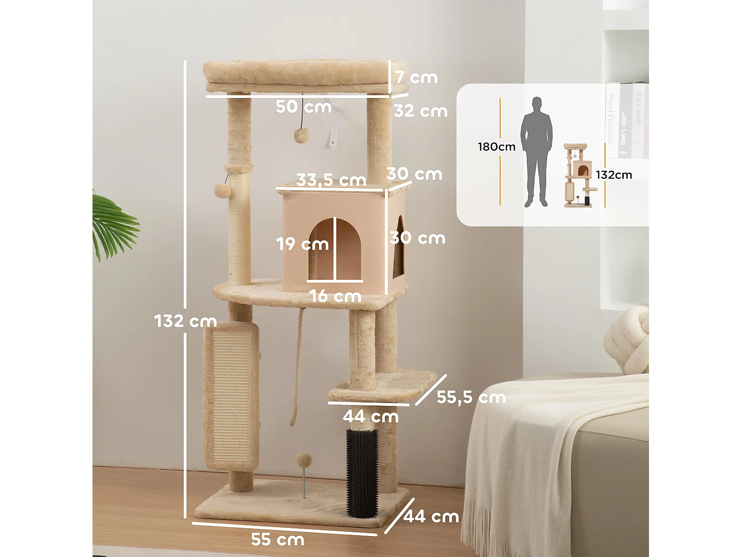 Arbre à chat design beige H.132cm bande massante griffoirs grattoirs nombreux jouets