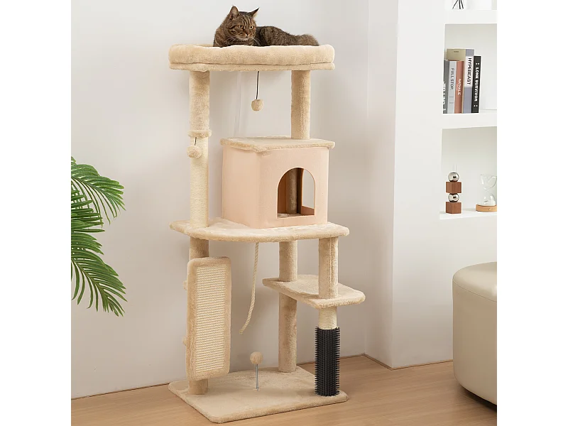 Arbre à chat design beige H.132cm bande massante griffoirs grattoirs nombreux jouets