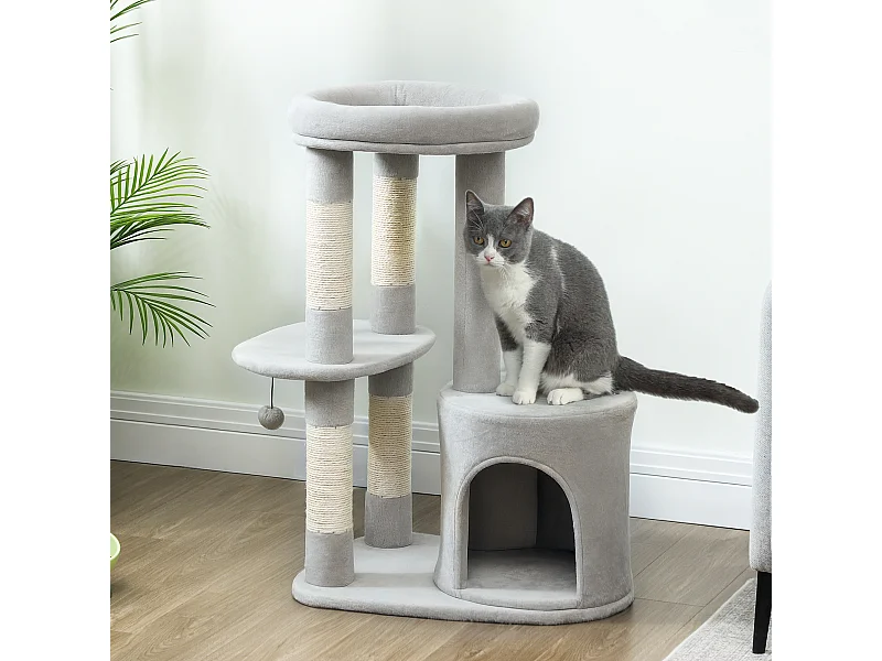 Arbre à chat design gris clair arrondi H.90cm niche 2 plateformes boule griffoirs