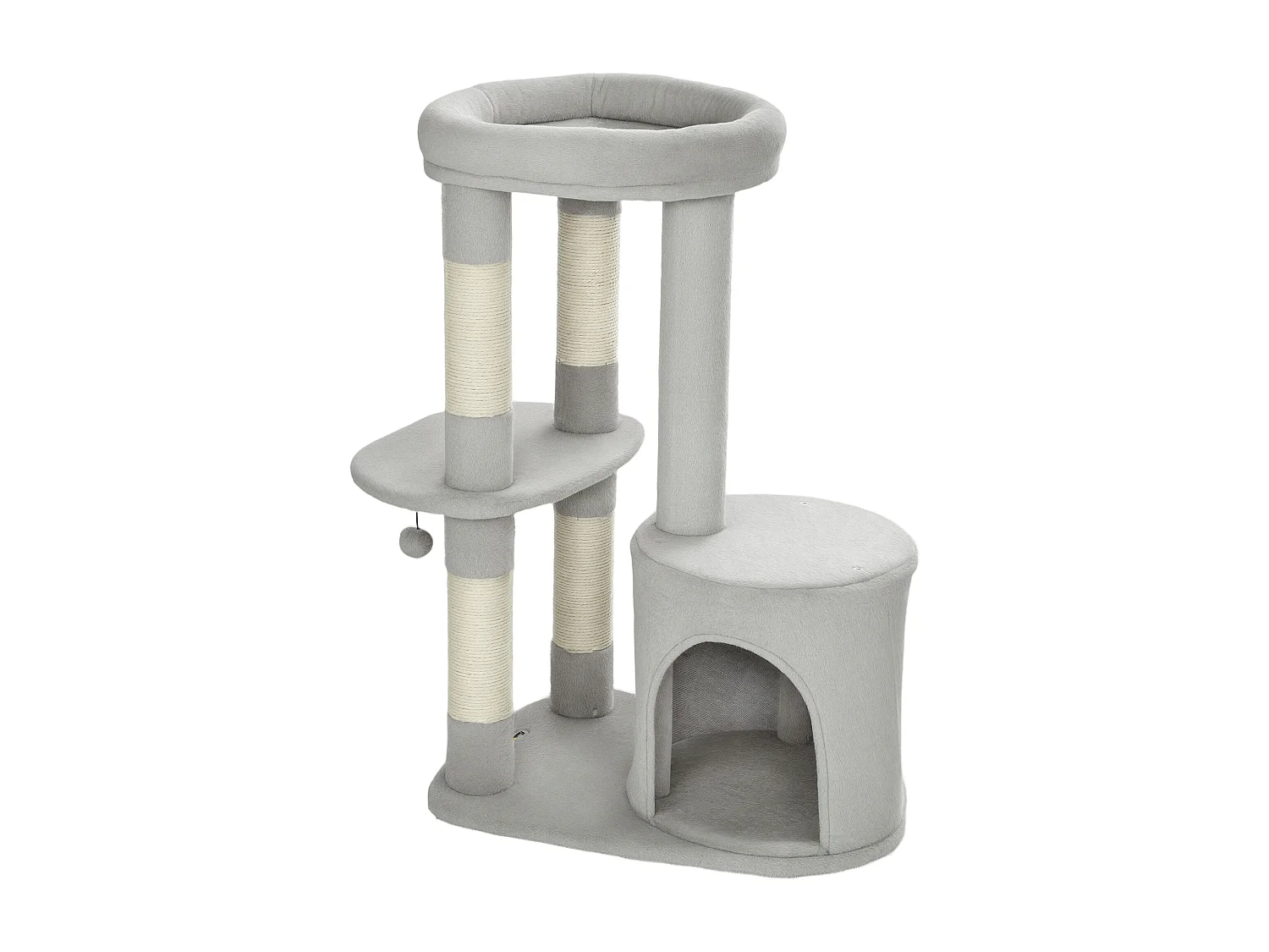 Arbre à chat design gris clair arrondi H.90cm niche 2 plateformes boule griffoirs