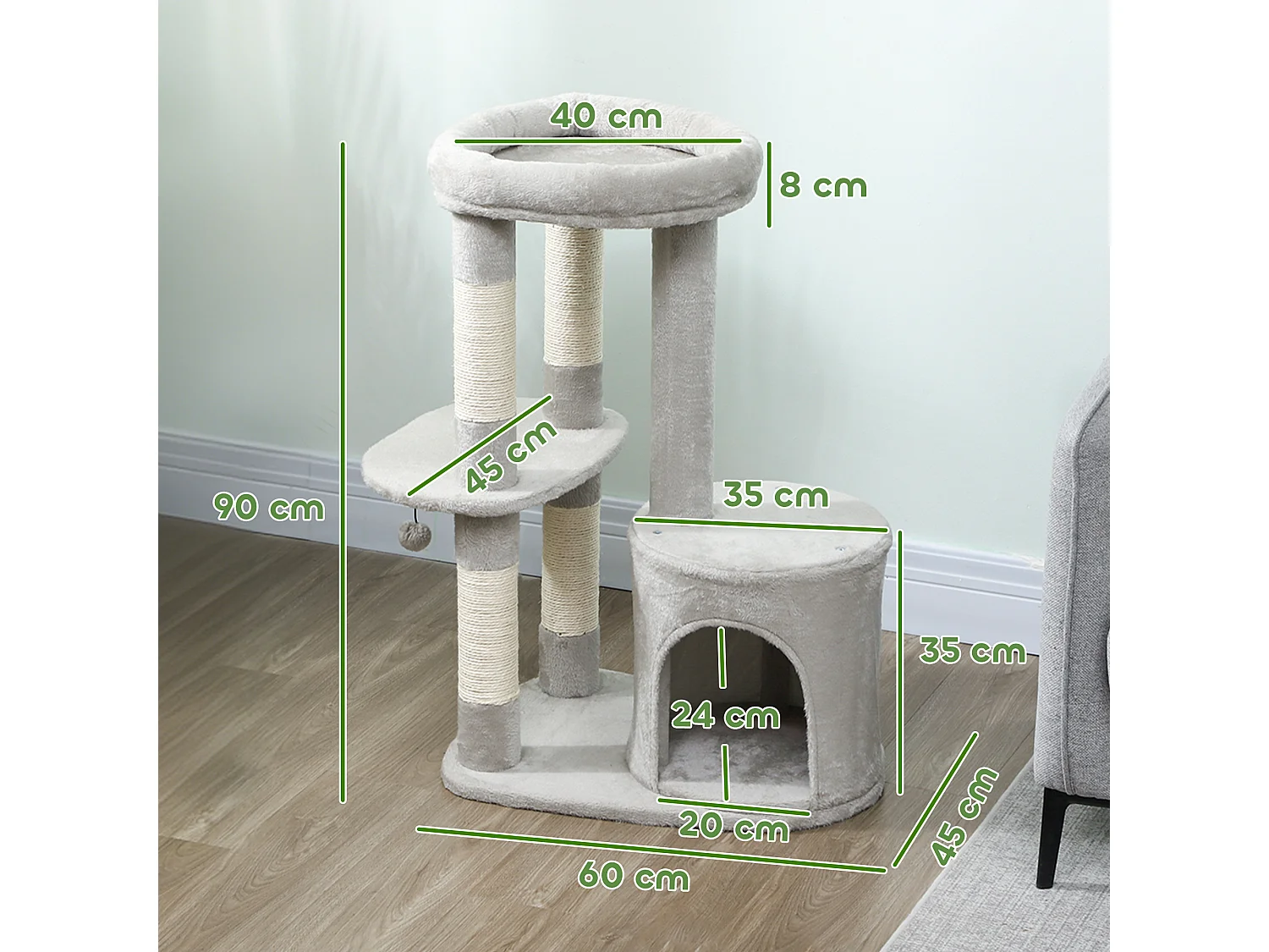 Arbre à chat design gris clair arrondi H.90cm niche 2 plateformes boule griffoirs