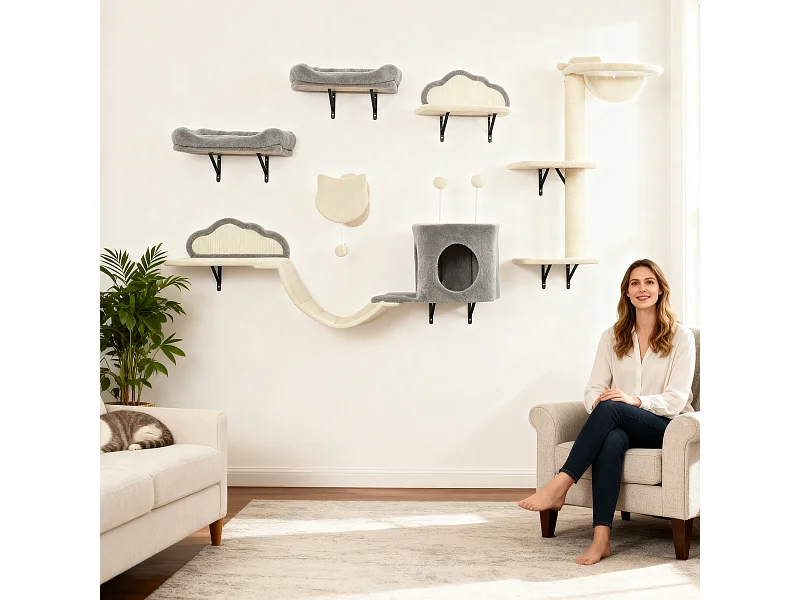 Arbre à chat design mural - parcours mural en bois pour chat 6 pièces variées - crème gris