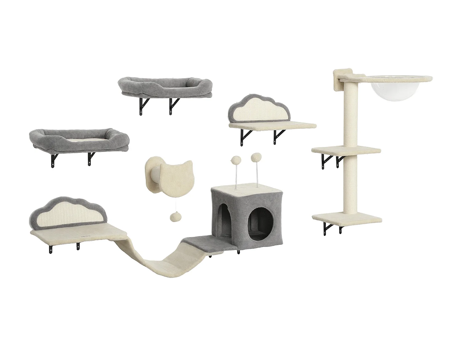 Arbre à chat design mural - parcours mural en bois pour chat 6 pièces variées - crème gris