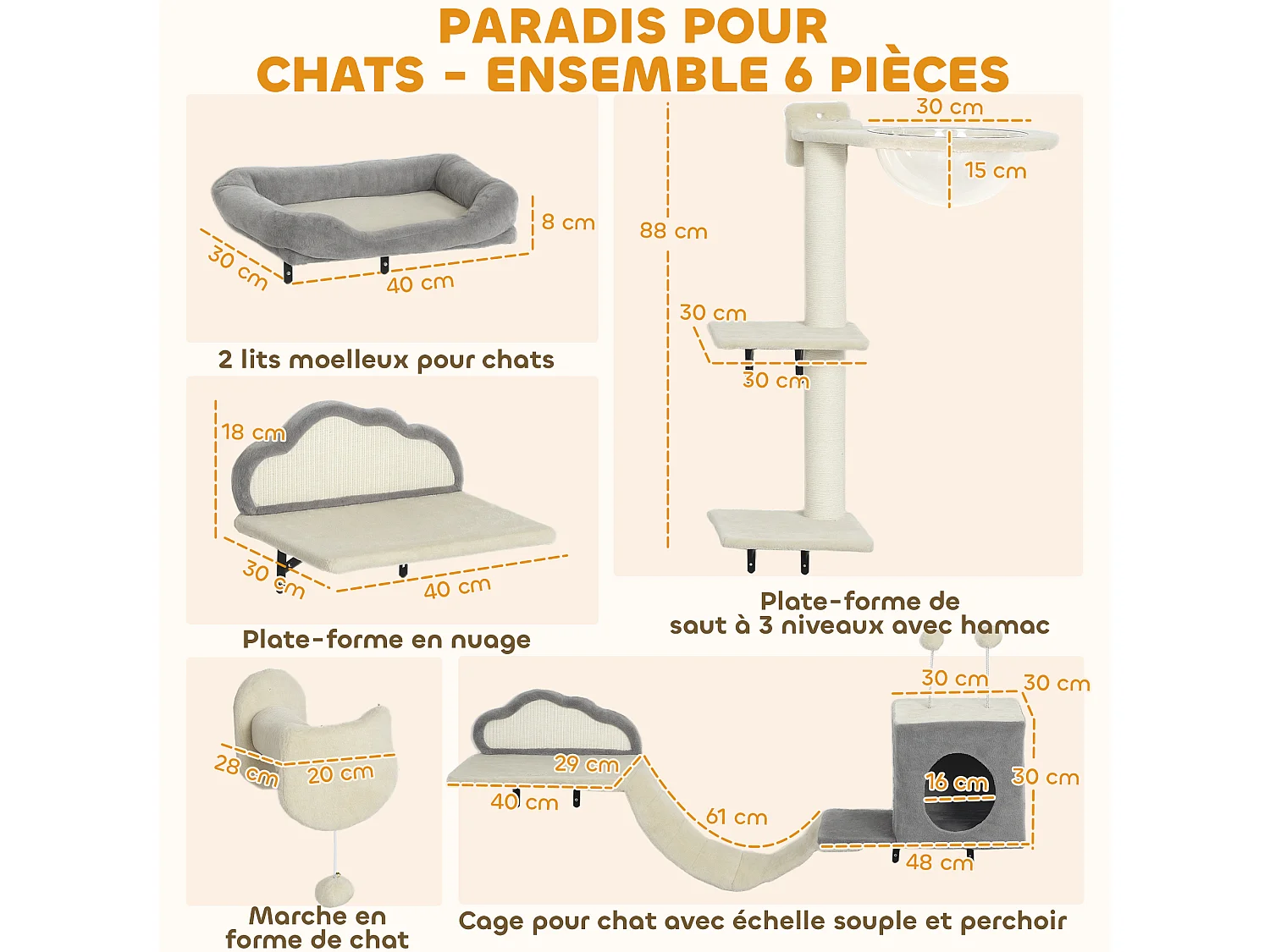 Arbre à chat design mural - parcours mural en bois pour chat 6 pièces variées - crème gris
