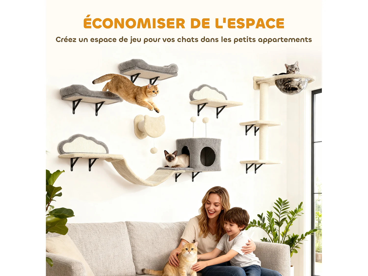 Arbre à chat design mural - parcours mural en bois pour chat 6 pièces variées - crème gris