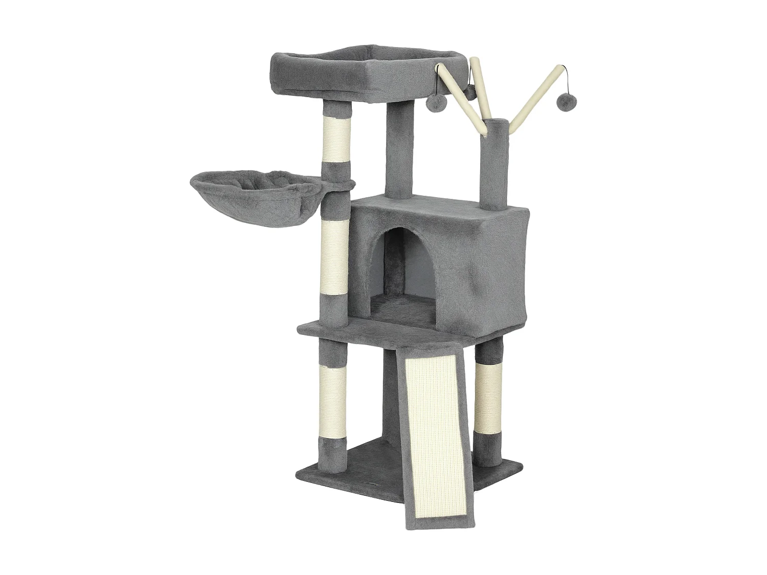 Arbre à chat multi-équipé niche hamac plateforme 3 boules griffoirs grattoir gris