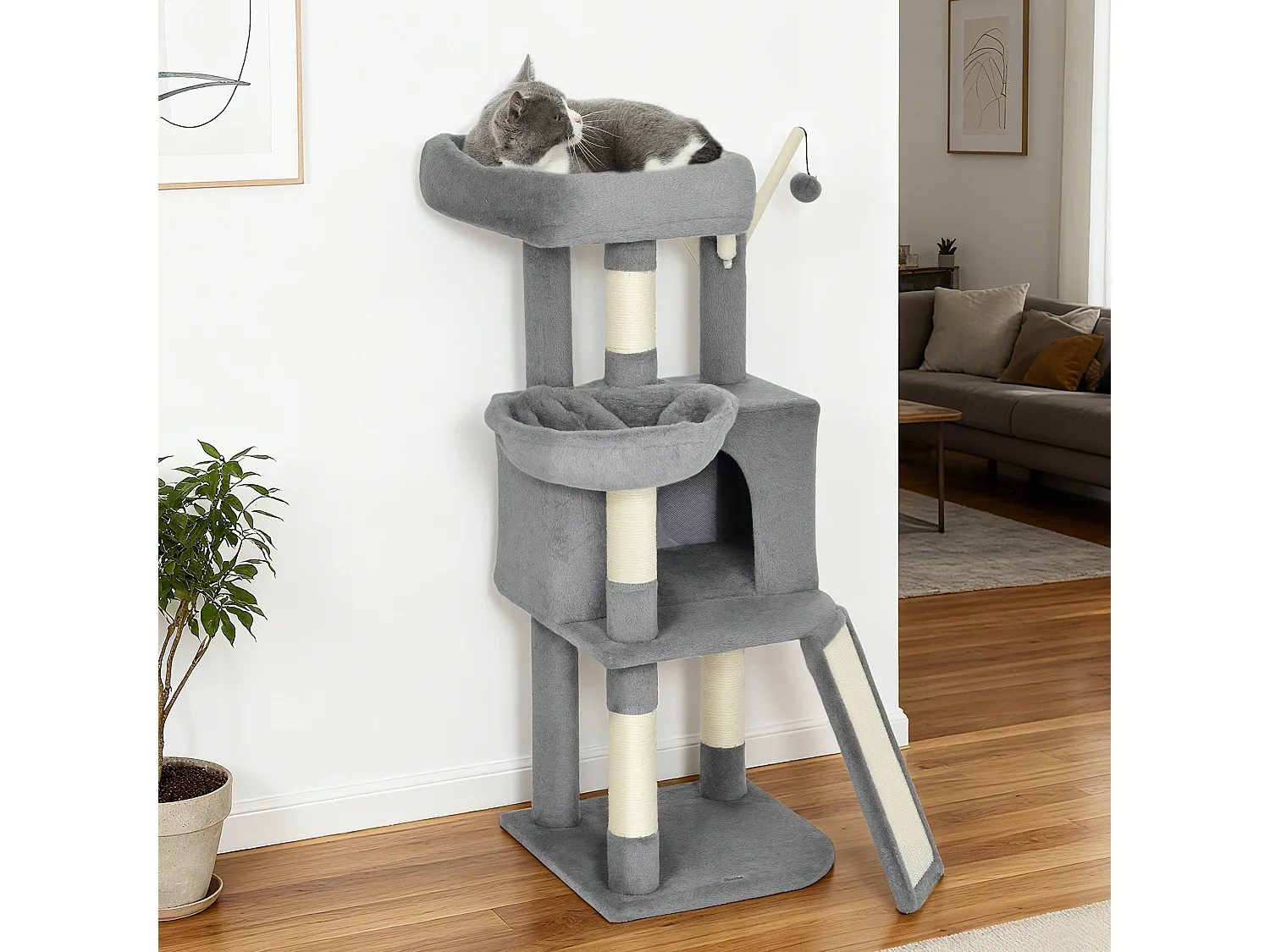 Arbre à chat multi-équipé niche hamac plateforme 3 boules griffoirs grattoir gris