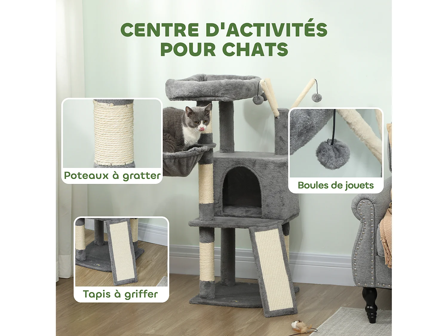 Arbre à chat multi-équipé niche hamac plateforme 3 boules griffoirs grattoir gris