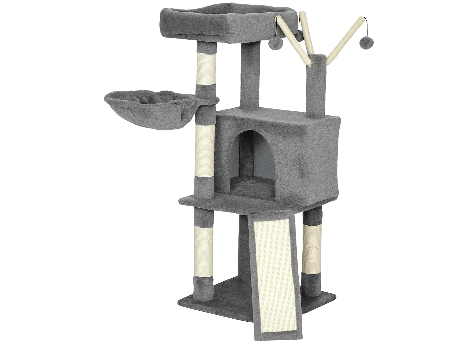 Arbre à chat multi-équipé niche hamac plateforme 3 boules griffoirs grattoir gris