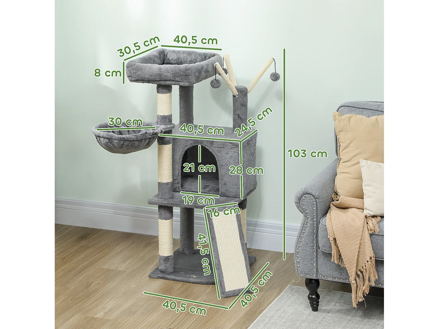 Arbre à chat multi-équipé niche hamac plateforme 3 boules griffoirs grattoir gris
