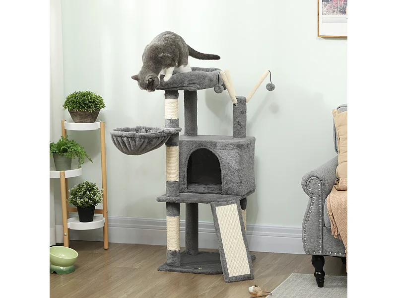 Arbre à chat multi-équipé niche hamac plateforme 3 boules griffoirs grattoir gris