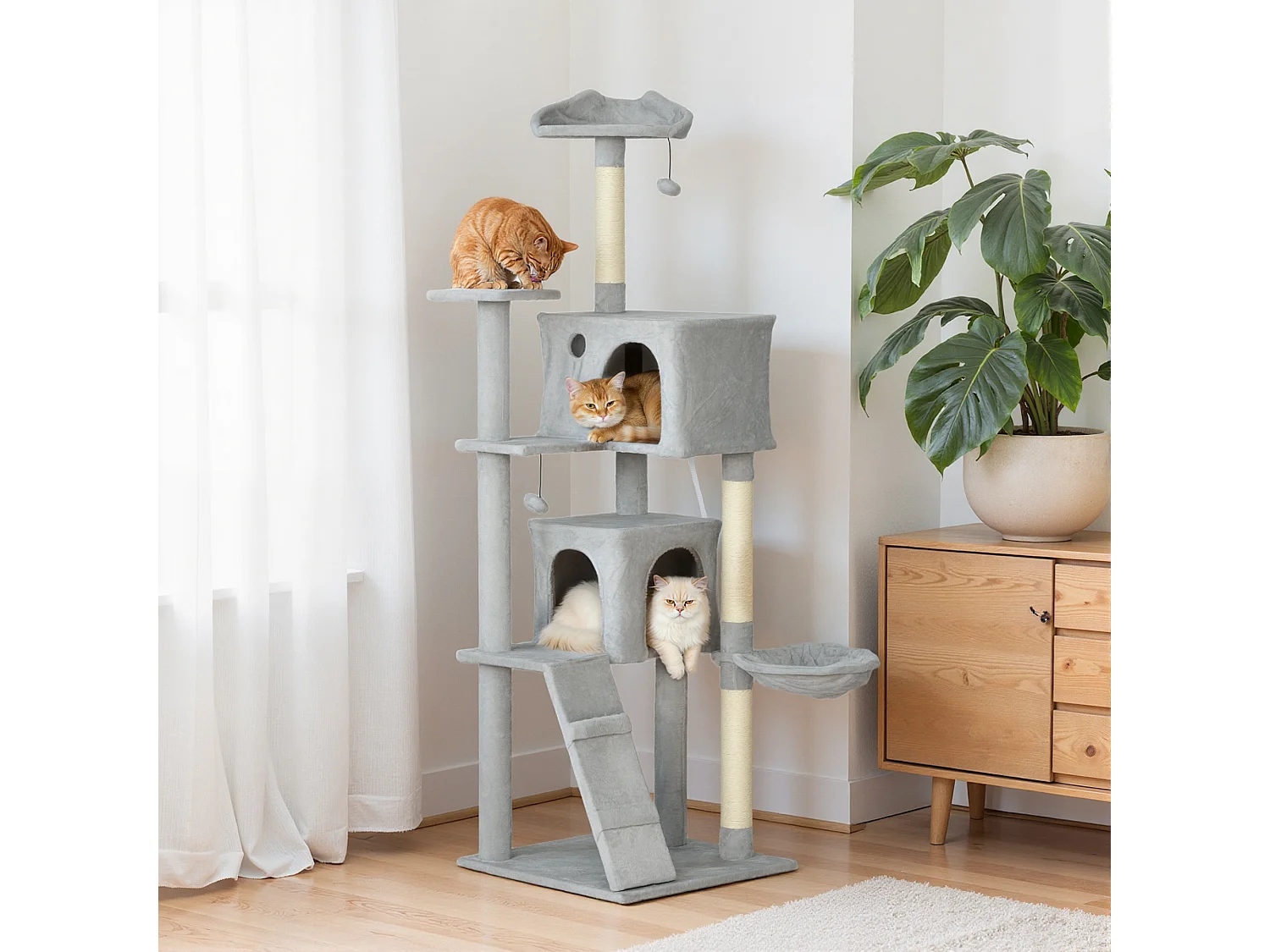 Arbre à chat grande taille H.180cm - niches, hamac, griffoirs, plateformes - gris clair