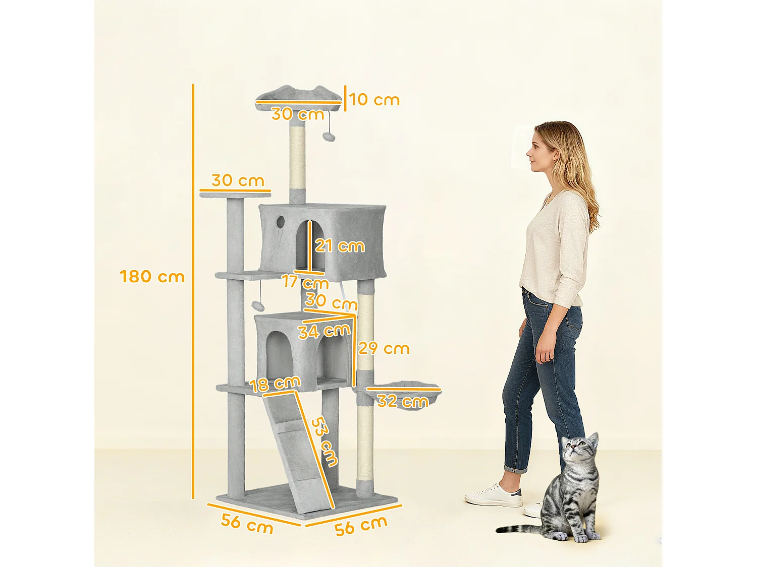 Arbre à chat grande taille H.180cm - niches, hamac, griffoirs, plateformes - gris clair