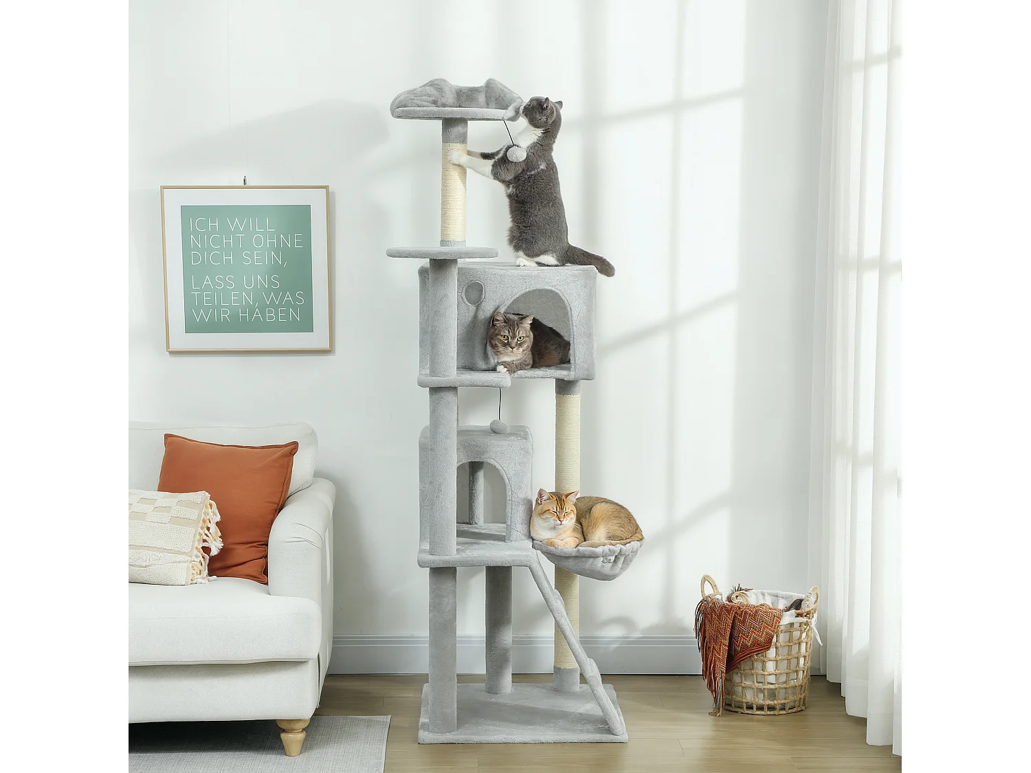 Arbre à chat grande taille H.180cm - niches, hamac, griffoirs, plateformes - gris clair