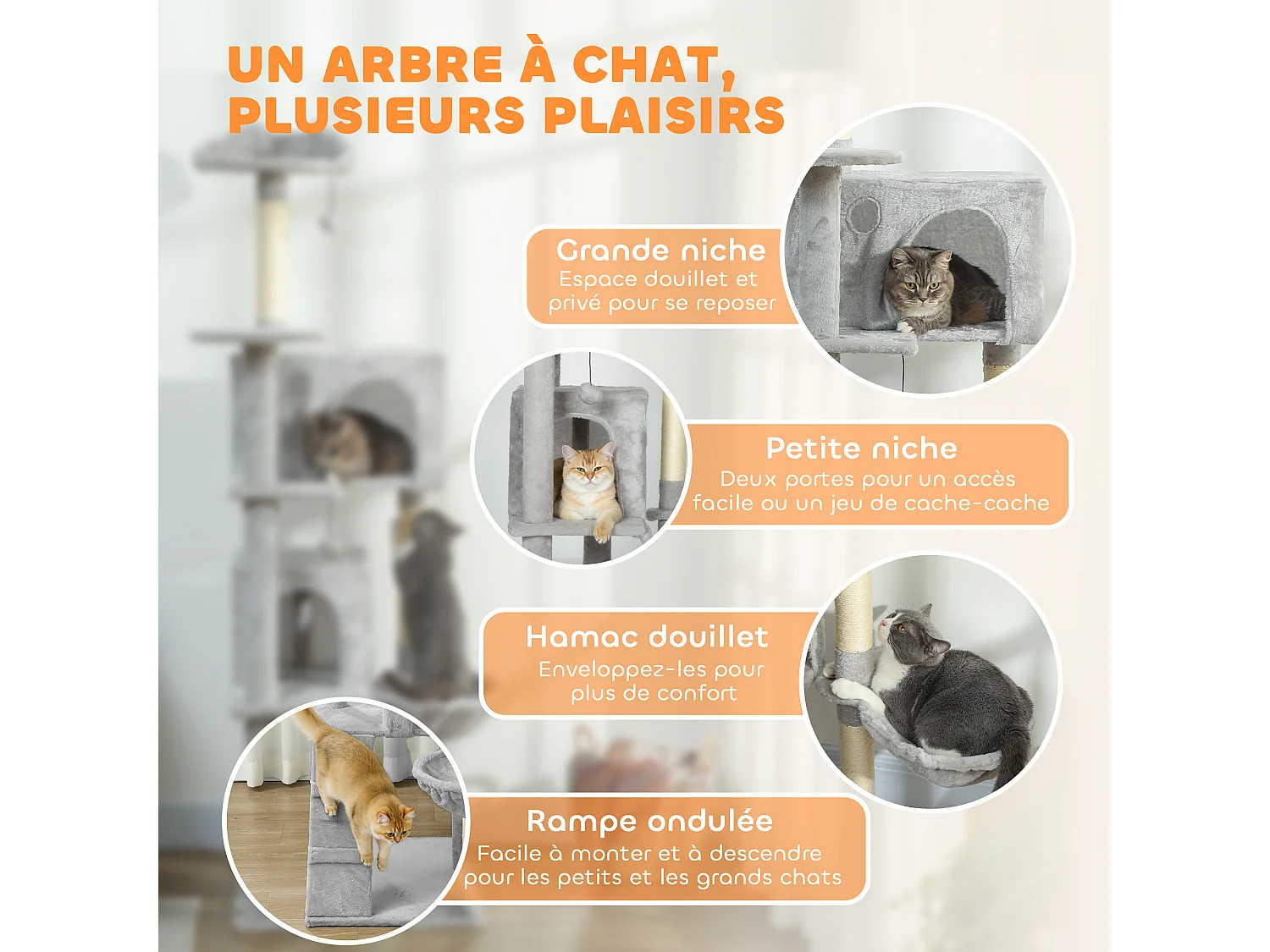Arbre à chat grande taille H.180cm - niches, hamac, griffoirs, plateformes - gris clair
