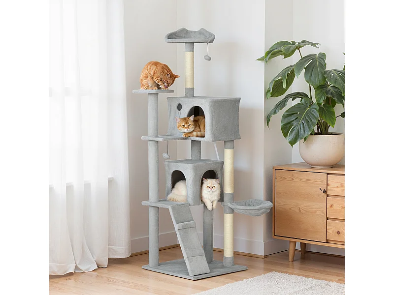 Arbre à chat grande taille H.180cm - niches, hamac, griffoirs, plateformes - gris clair