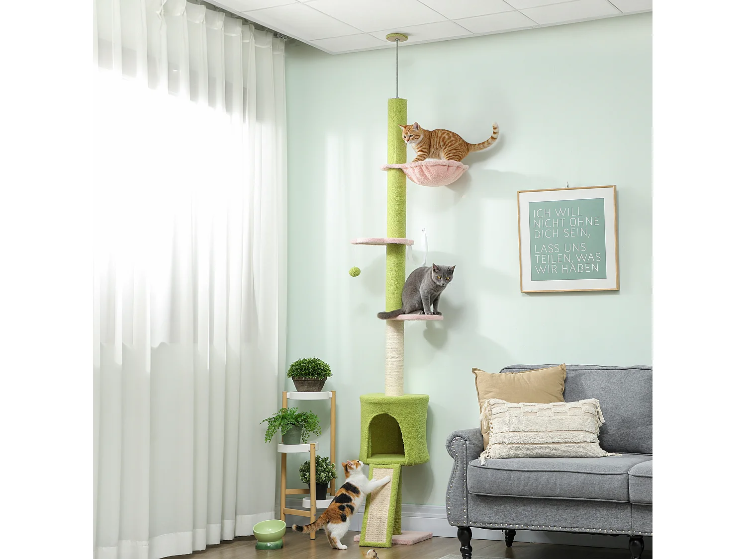 Arbre à chat du sol au plafond réglable H.220-240cm - 5 niveaux - griffoirs, grattoir - bouclette vert