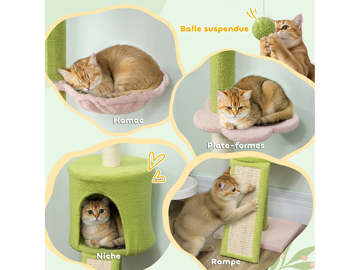 Arbre à chat du sol au plafond réglable H.220-240cm - 5 niveaux - griffoirs, grattoir - bouclette vert