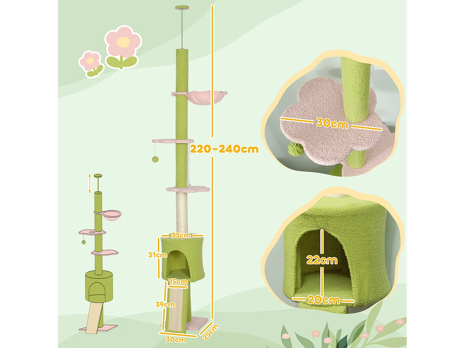 Arbre à chat du sol au plafond réglable H.220-240cm - 5 niveaux - griffoirs, grattoir - bouclette vert