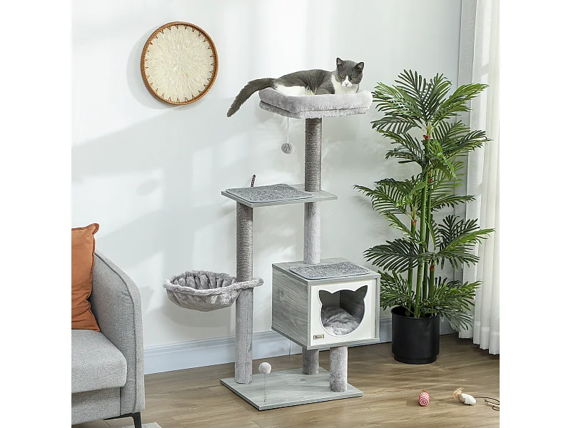 Arbre à chat multi-équipement griffoirs grattoirs niche hamac panier coussins amovibles H126 cm peluche courte sisal naturel gris