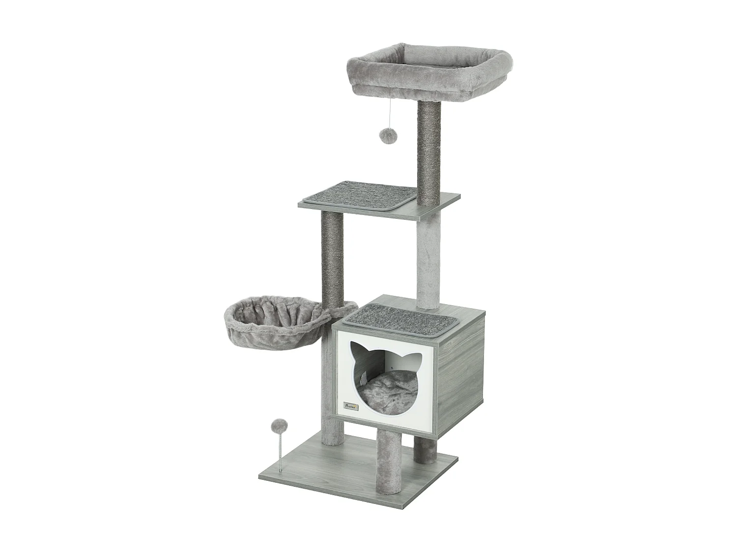 Arbre à chat multi-équipement griffoirs grattoirs niche hamac panier coussins amovibles H126 cm peluche courte sisal naturel gris