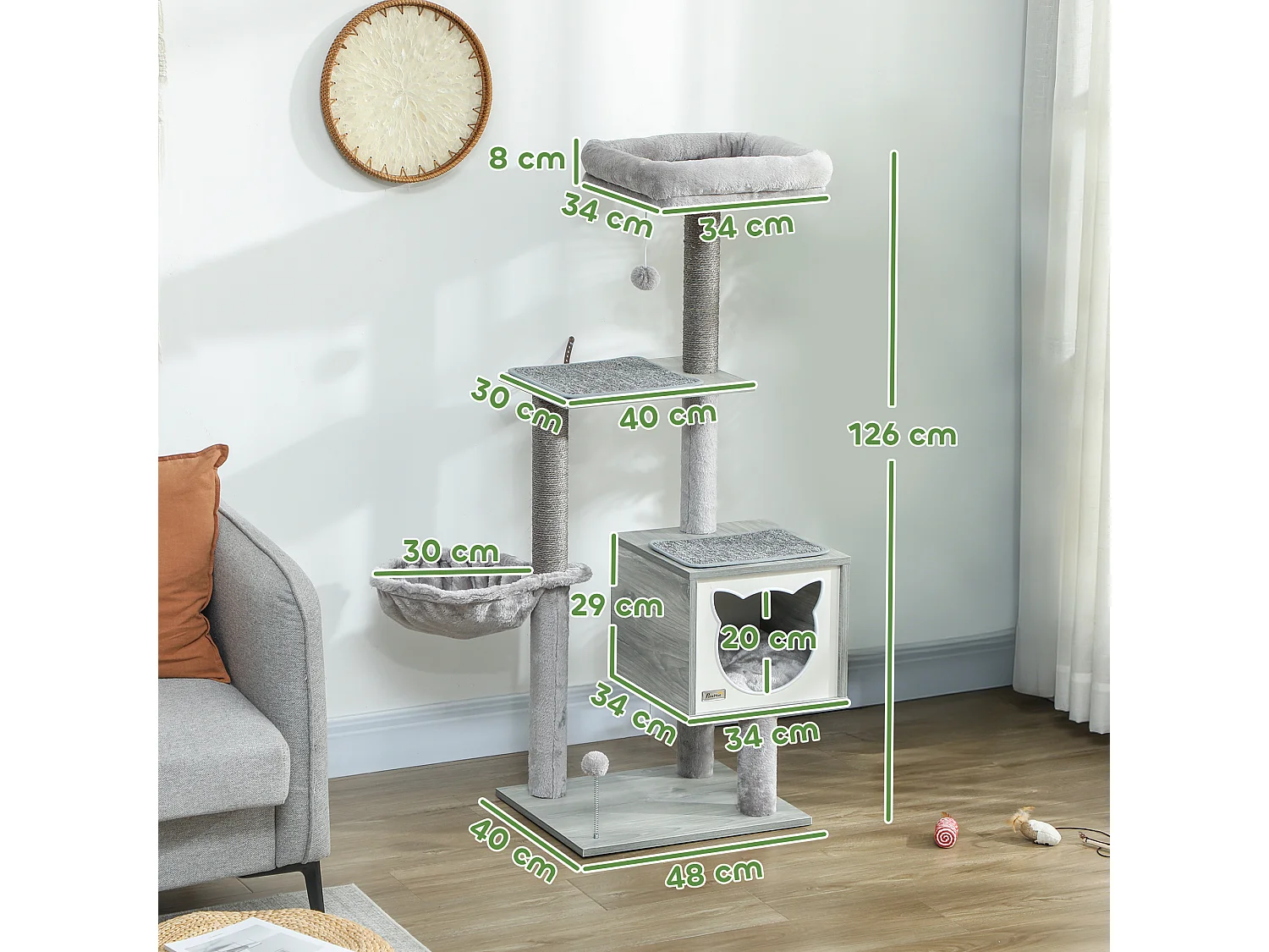 Arbre à chat multi-équipement griffoirs grattoirs niche hamac panier coussins amovibles H126 cm peluche courte sisal naturel gris