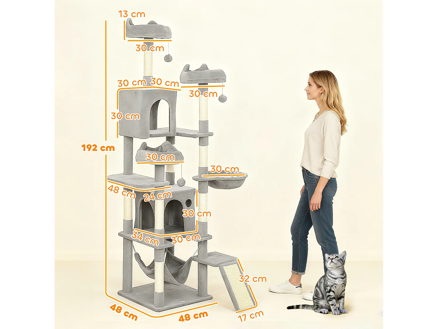 Arbre à chat design XXL gris clair multi-activités - zones de repos, griffoirs, grattoir - H.192 cm