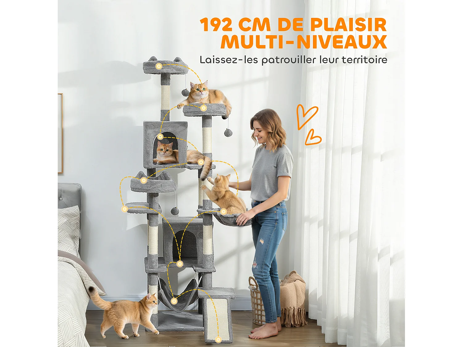 Arbre à chat design XXL gris clair multi-activités - zones de repos, griffoirs, grattoir - H.192 cm