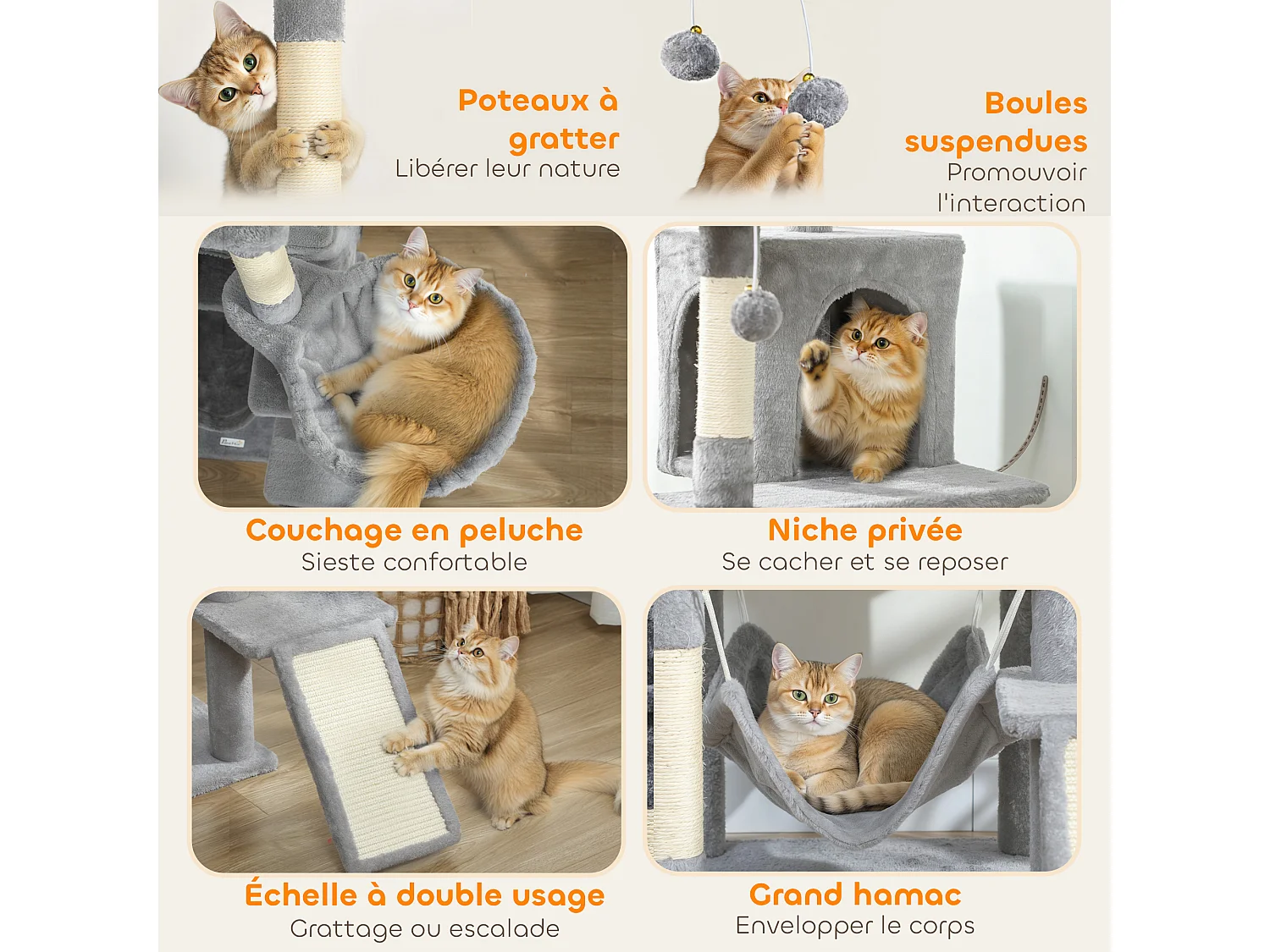 Arbre à chat design XXL gris clair multi-activités - zones de repos, griffoirs, grattoir - H.192 cm