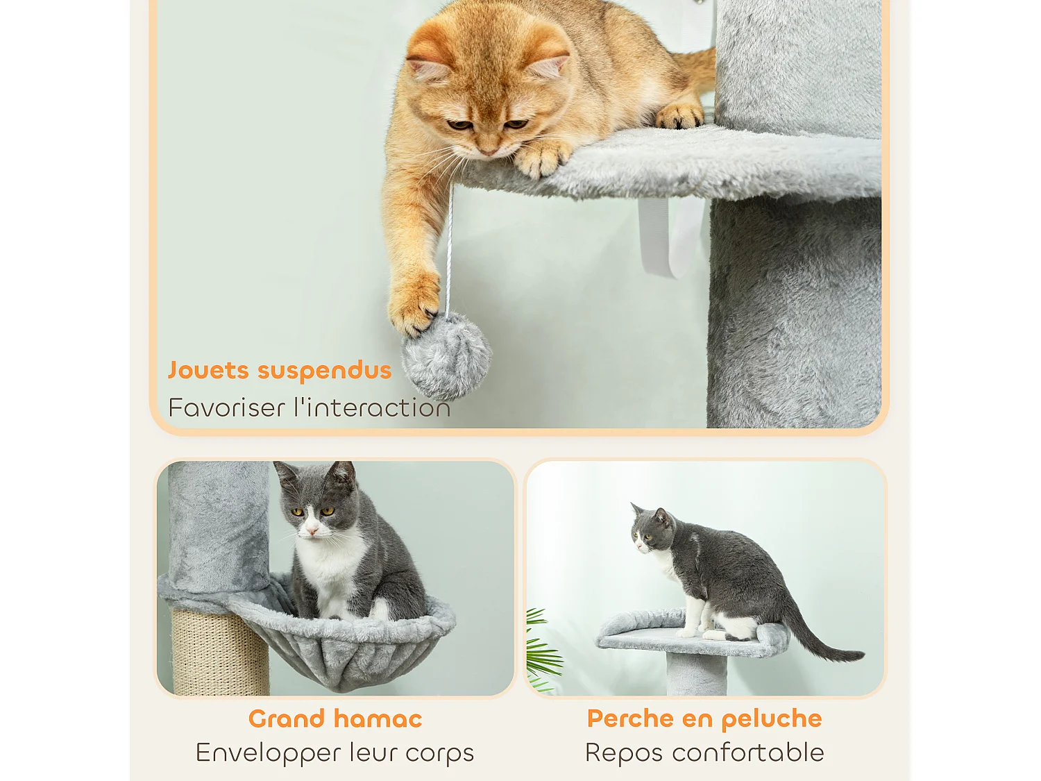 Arbre à chat design gris clair H.103cm - griffoir, hamac, jeu boule, plateformes
