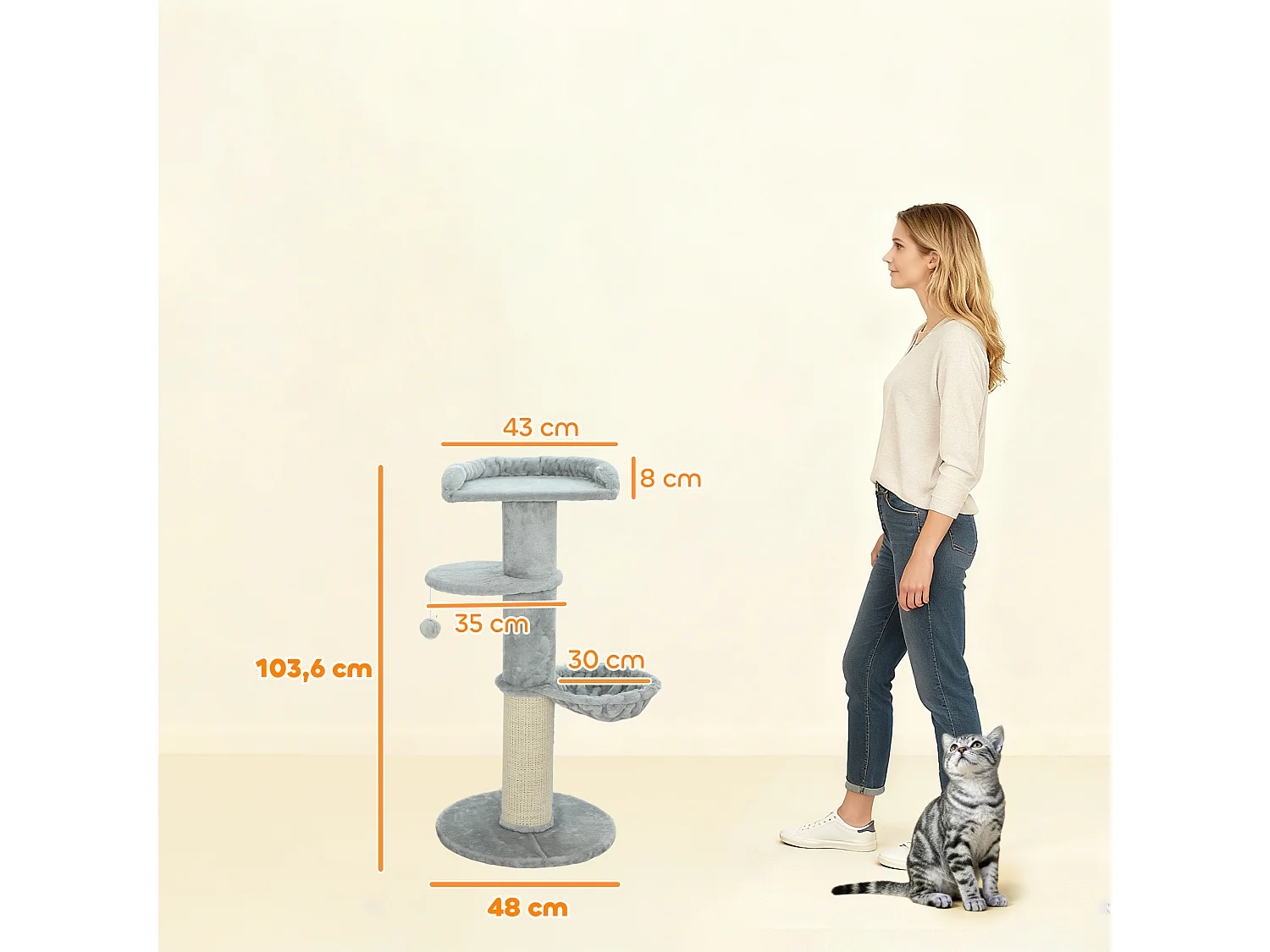 Arbre à chat design gris clair H.103cm - griffoir, hamac, jeu boule, plateformes