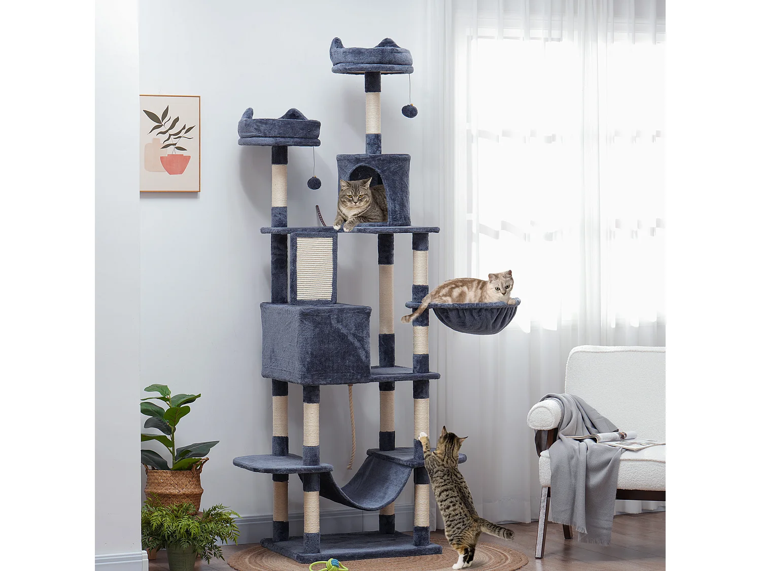 Arbre à chat grande taille H.206 cm équipement et accessoires multiples sisal naturel peluche gris