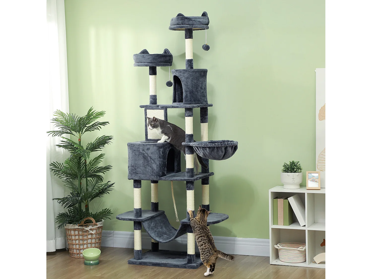 Arbre à chat grande taille H.206 cm équipement et accessoires multiples sisal naturel peluche gris