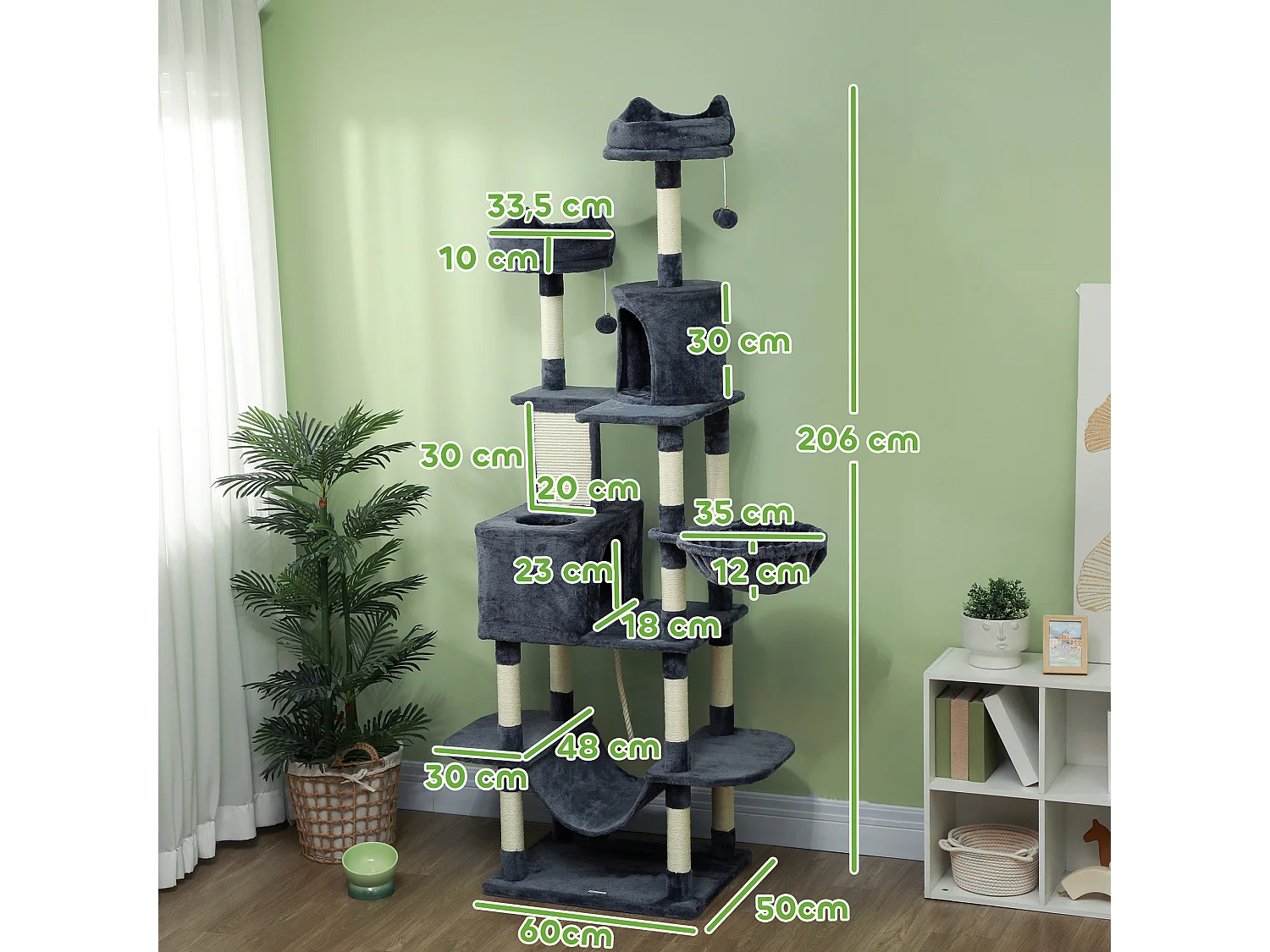 Arbre à chat grande taille H.206 cm équipement et accessoires multiples sisal naturel peluche gris