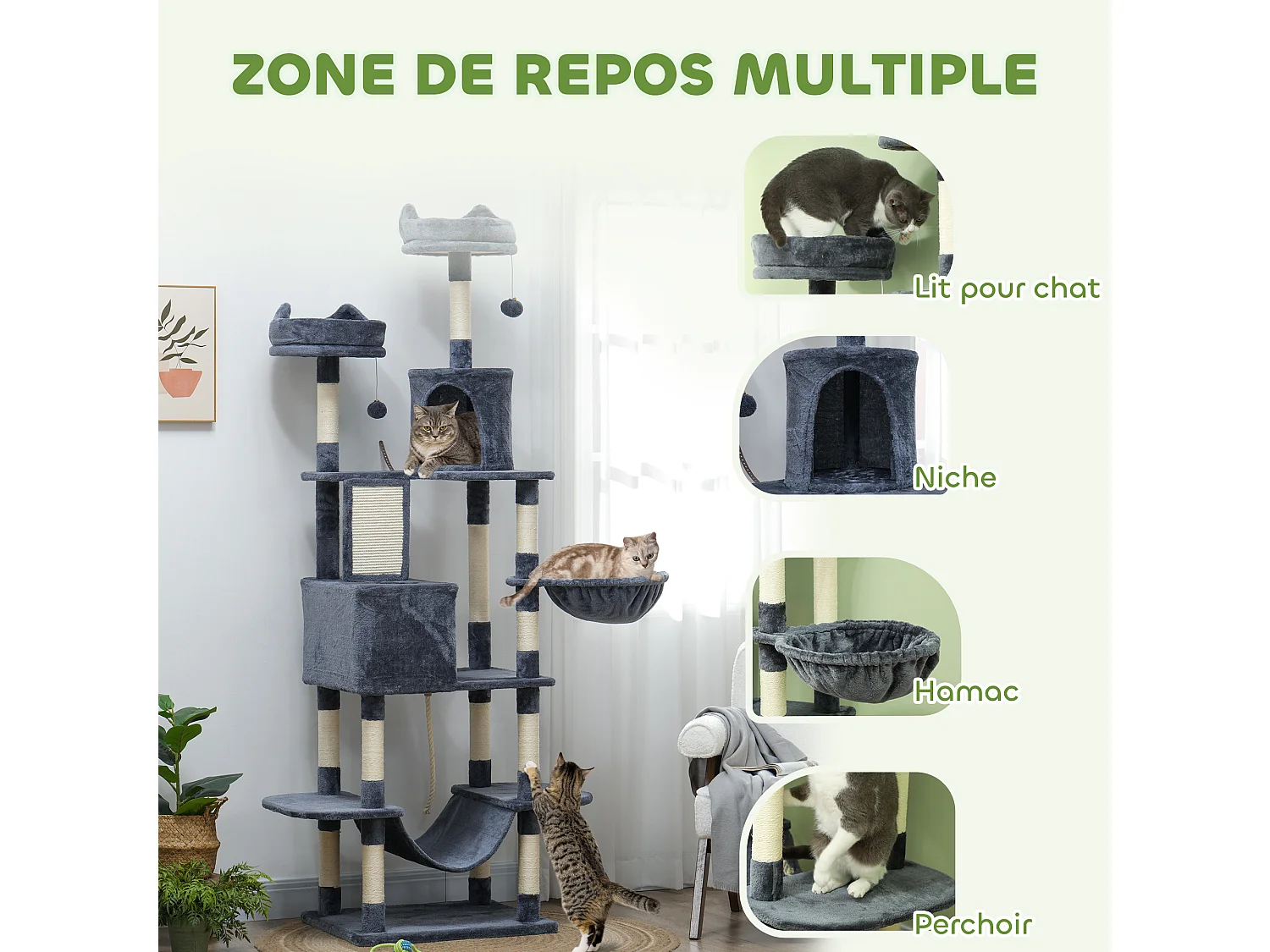 Arbre à chat grande taille H.206 cm équipement et accessoires multiples sisal naturel peluche gris