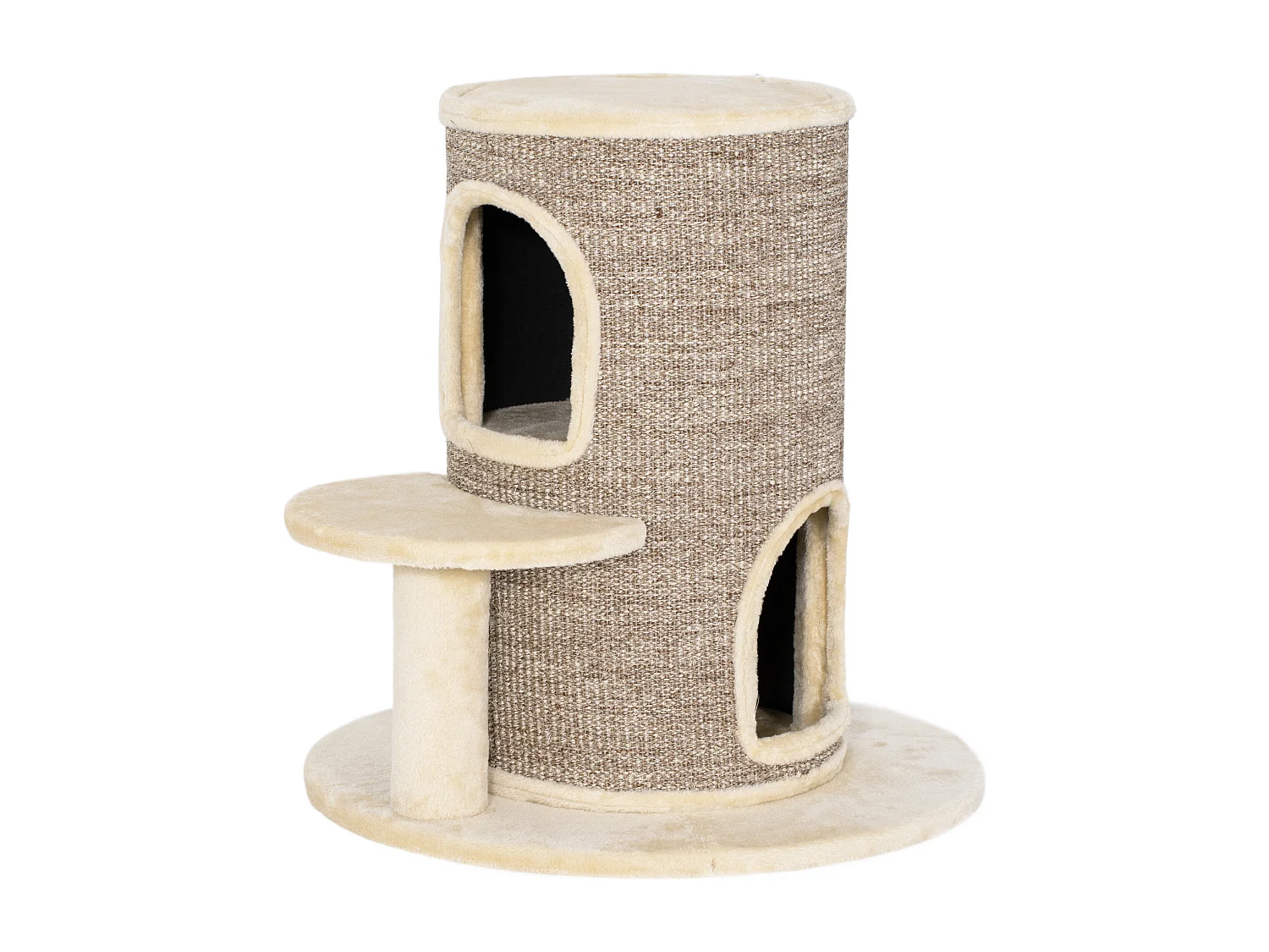 Arbre à chat cylindrique - tour à griffer pour chat H.61cm - tonneau griffoir - 2 niveaux + plateforme - sisal peluche beige