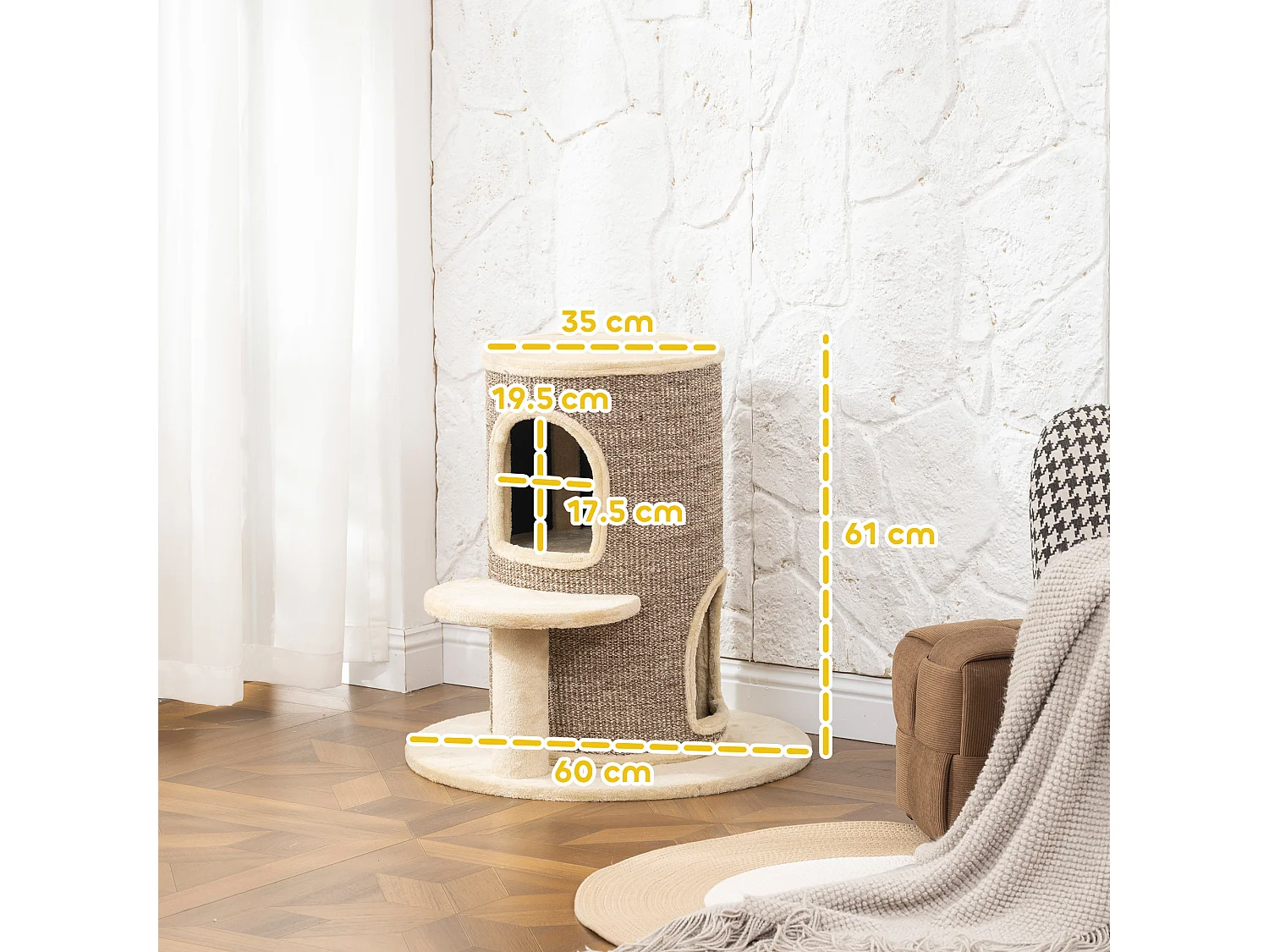 Arbre à chat cylindrique - tour à griffer pour chat H.61cm - tonneau griffoir - 2 niveaux + plateforme - sisal peluche beige