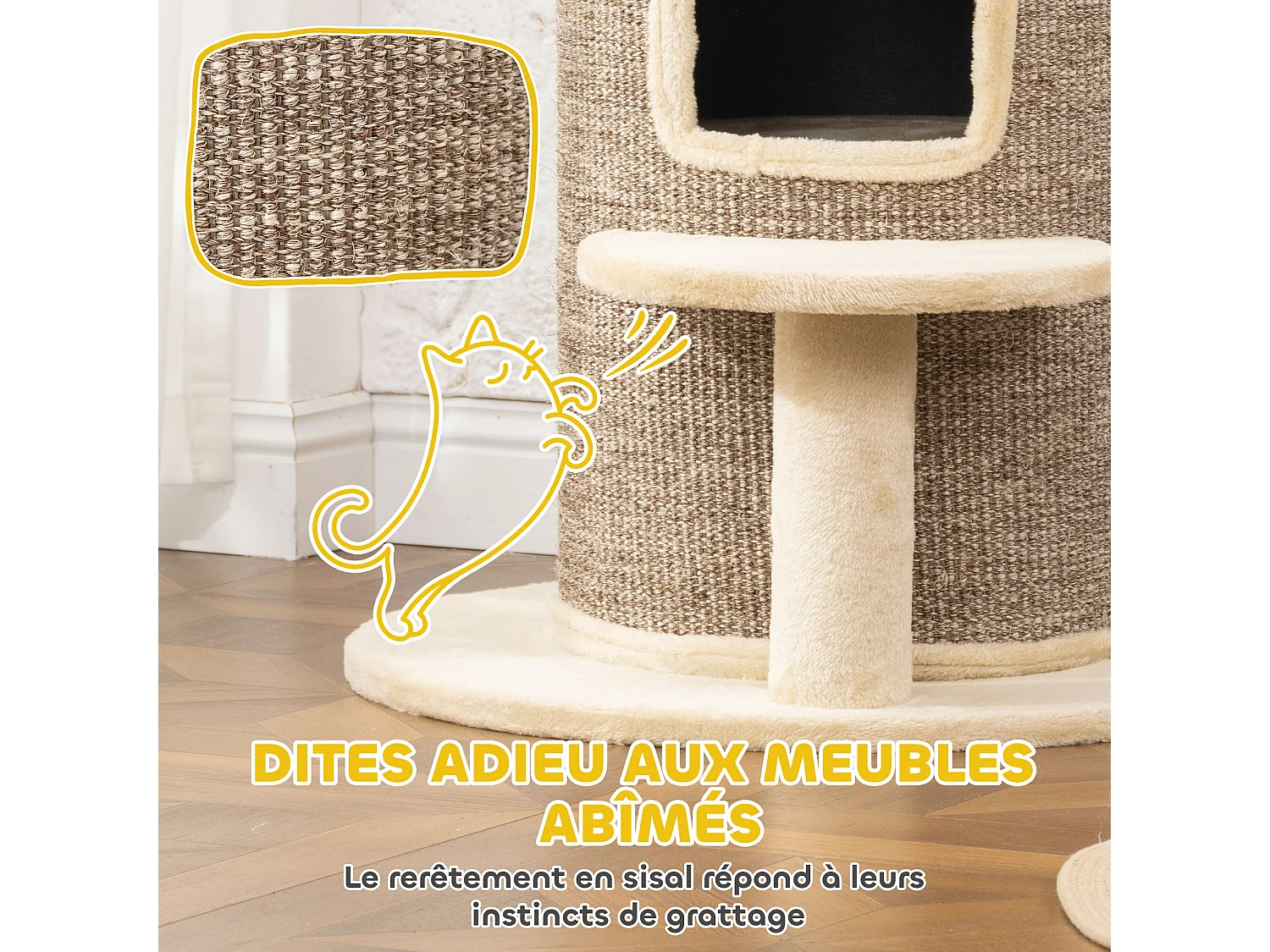 Arbre à chat cylindrique - tour à griffer pour chat H.61cm - tonneau griffoir - 2 niveaux + plateforme - sisal peluche beige