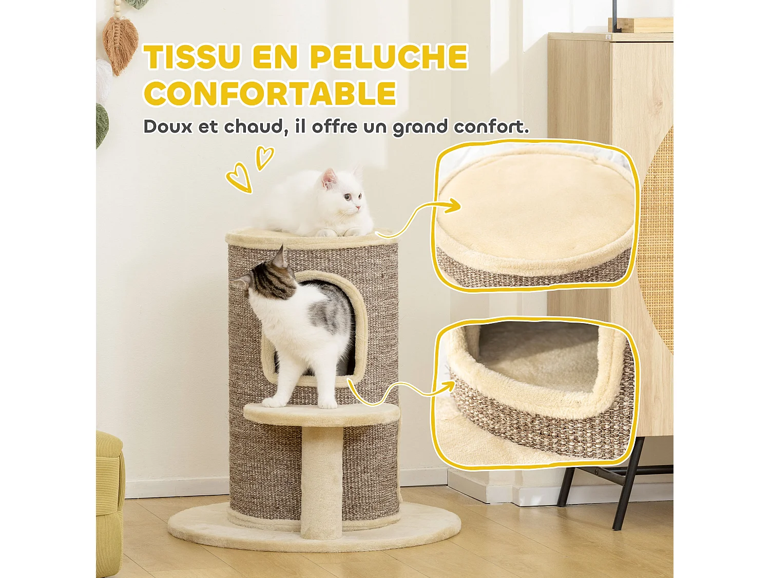 Arbre à chat cylindrique - tour à griffer pour chat H.61cm - tonneau griffoir - 2 niveaux + plateforme - sisal peluche beige