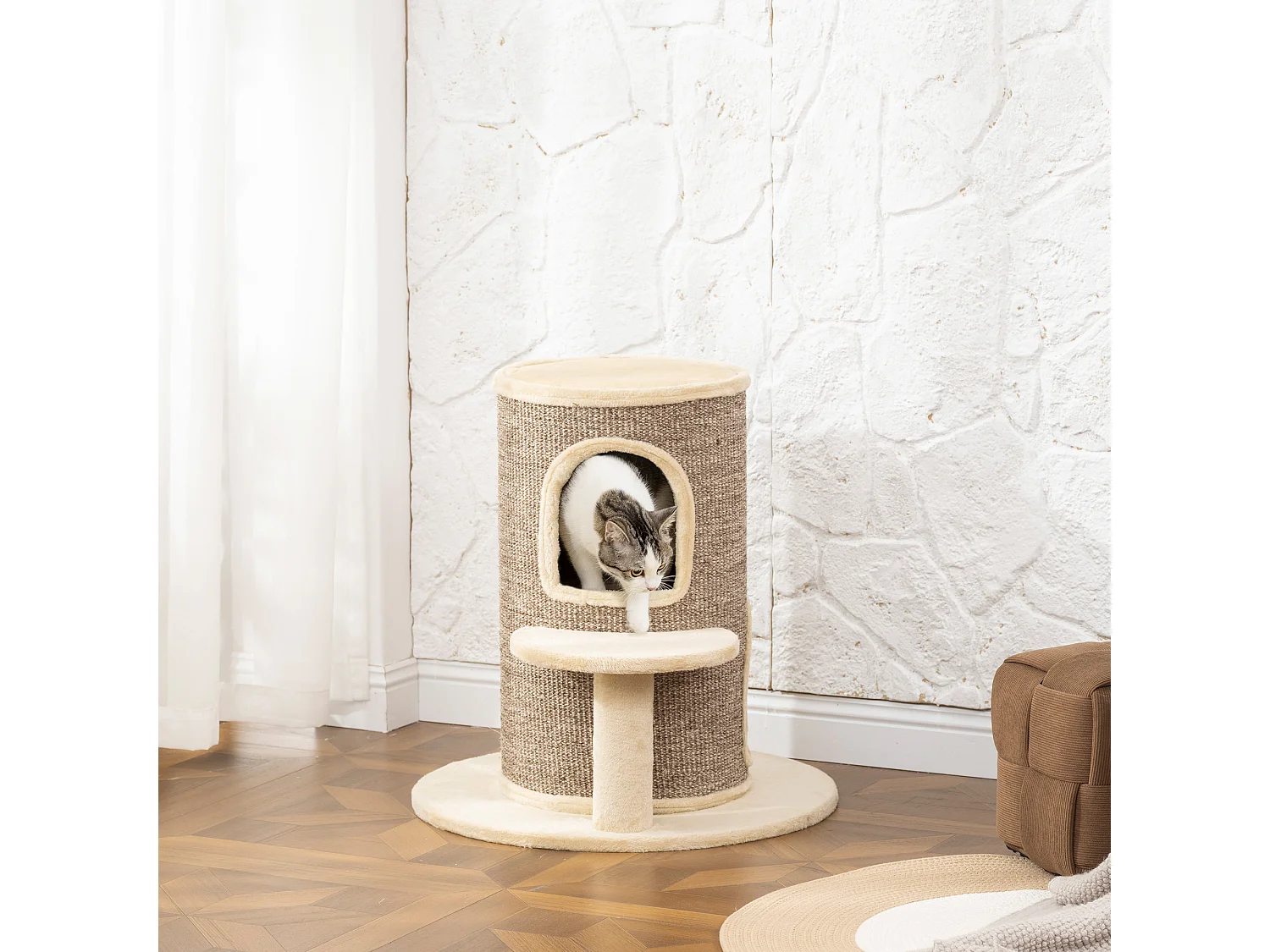 Arbre à chat cylindrique - tour à griffer pour chat H.61cm - tonneau griffoir - 2 niveaux + plateforme - sisal peluche beige