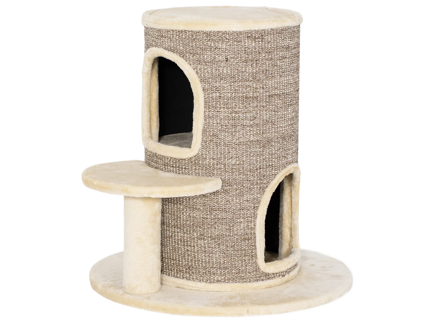 Arbre à chat cylindrique - tour à griffer pour chat H.61cm - tonneau griffoir - 2 niveaux + plateforme - sisal peluche beige