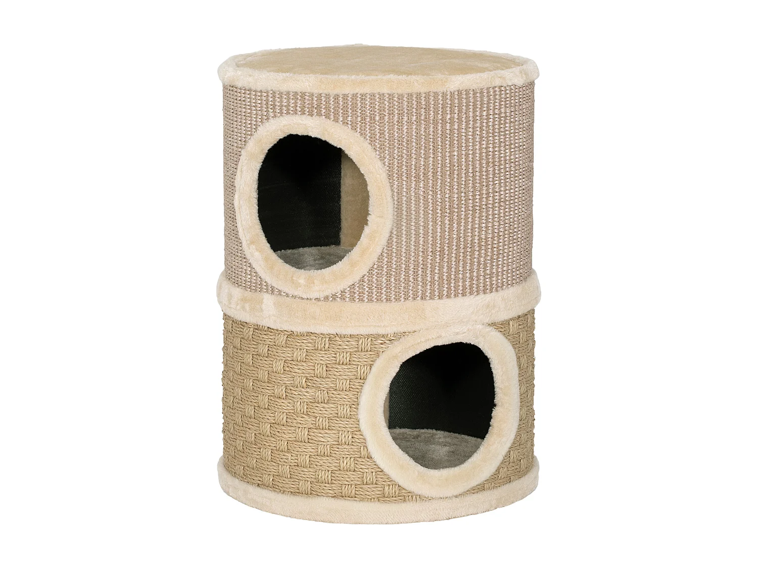 Arbre à chat cylindrique - tour à griffer pour chat - arbre à chat tour - tonneau griffoir - 2 niches + plateforme - sisal corde d'algues beige