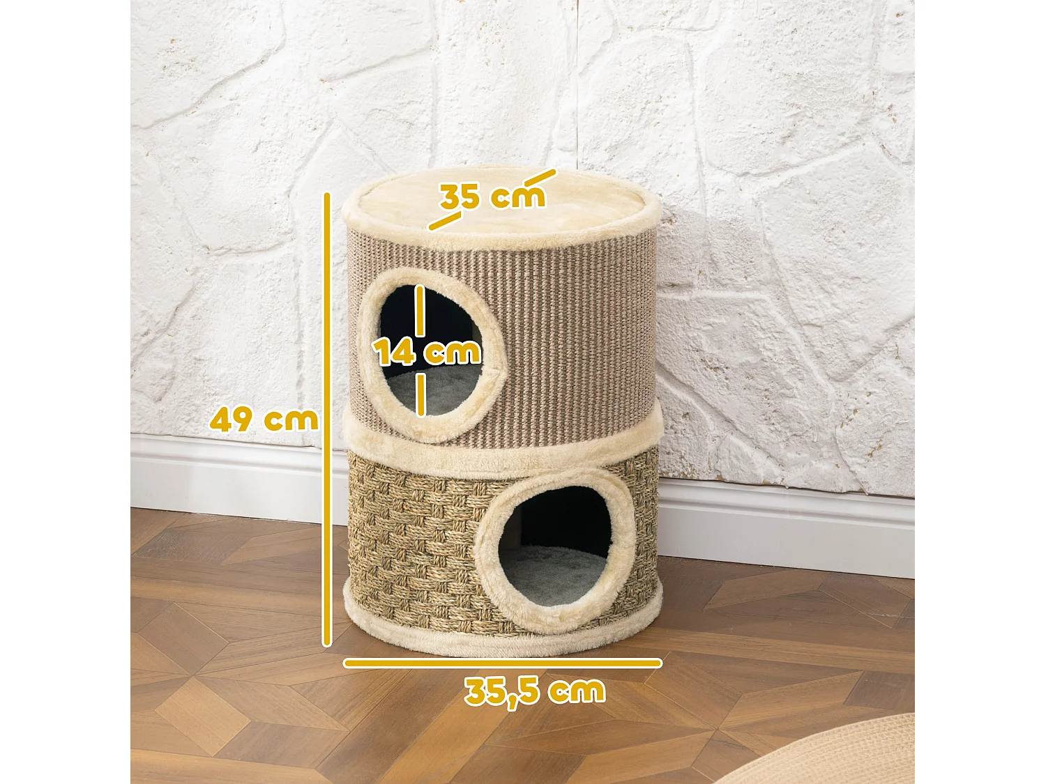 Arbre à chat cylindrique - tour à griffer pour chat - arbre à chat tour - tonneau griffoir - 2 niches + plateforme - sisal corde d'algues beige