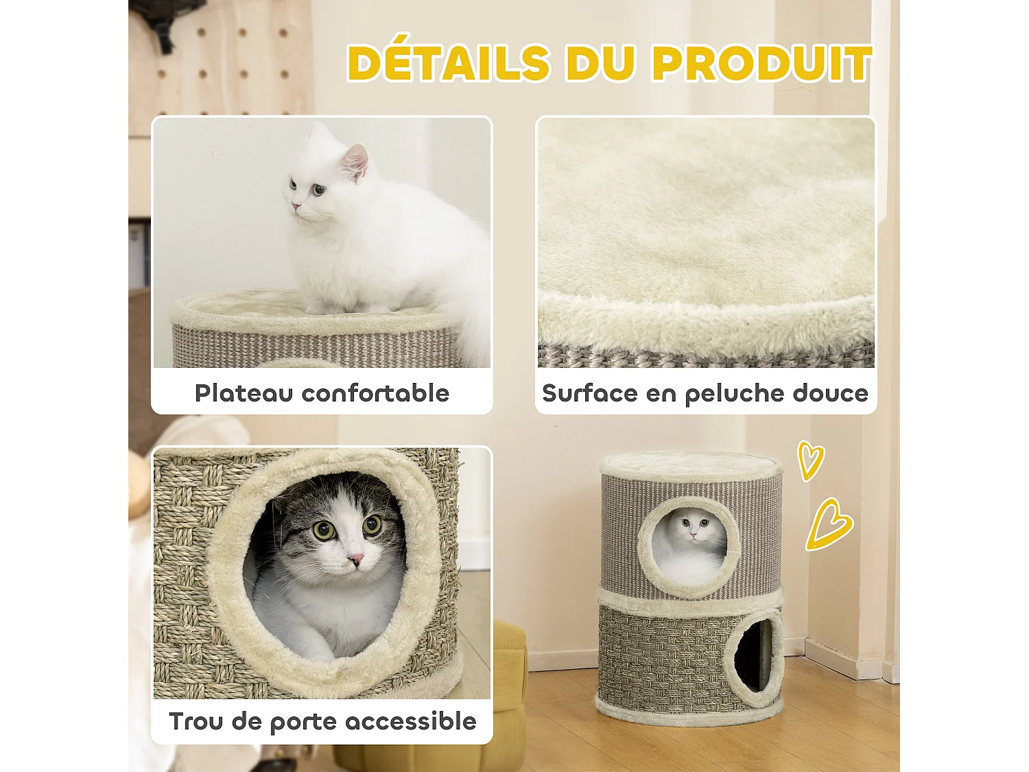 Arbre à chat cylindrique - tour à griffer pour chat - arbre à chat tour - tonneau griffoir - 2 niches + plateforme - sisal corde d'algues beige